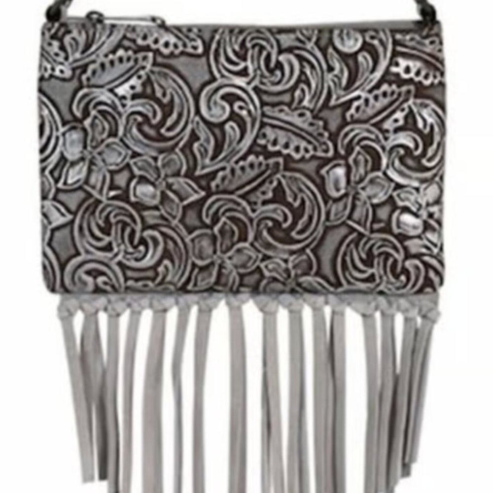 Justin Boots Mini Shoulder Bag Convertible Silver Wash Fringe Leather NWT